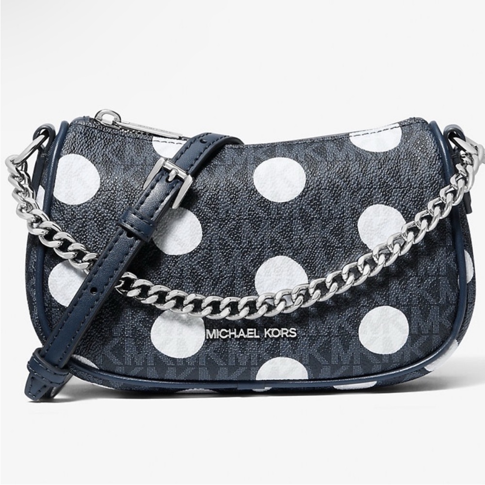 Michael Kors Navy Polka Dot 2 Way Chain Handle & 30" Strap Crossbody Bag